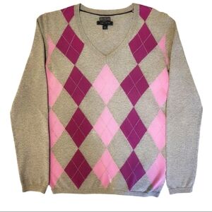 Tommy Hilfiger Y2K Argyle Knit Sweater 100% Pima Cotton V-Neck Gray Pink Purple